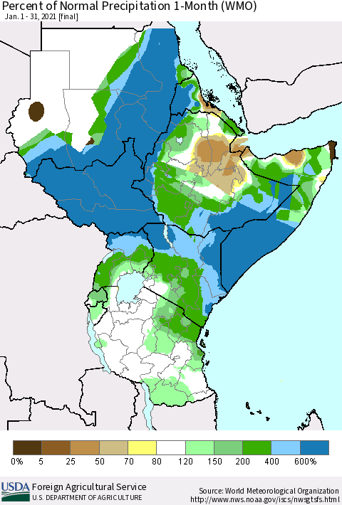 Eastern Africa Percent of Normal Precipitation 1-Month (WMO) Thematic Map For 1/1/2021 - 1/31/2021