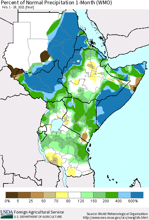 Eastern Africa Percent of Normal Precipitation 1-Month (WMO) Thematic Map For 2/1/2021 - 2/28/2021