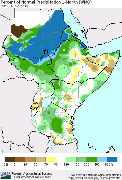 Eastern Africa Percent of Normal Precipitation 1-Month (WMO) Thematic Map For 4/1/2021 - 4/30/2021