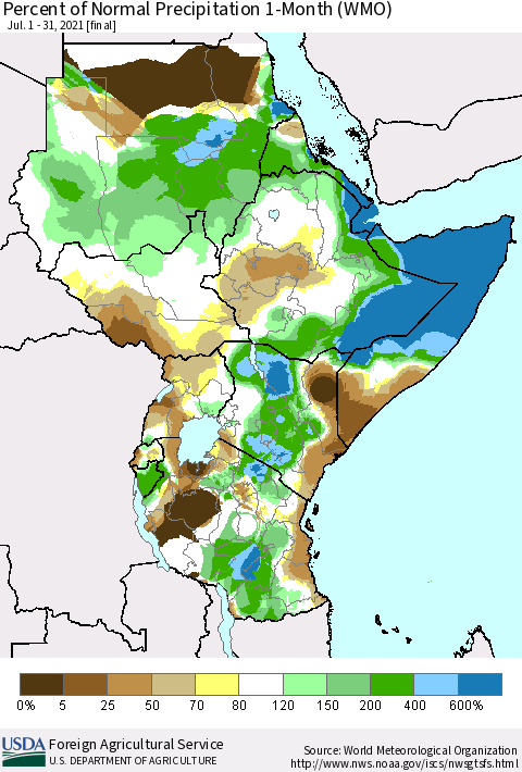Eastern Africa Percent of Normal Precipitation 1-Month (WMO) Thematic Map For 7/1/2021 - 7/31/2021