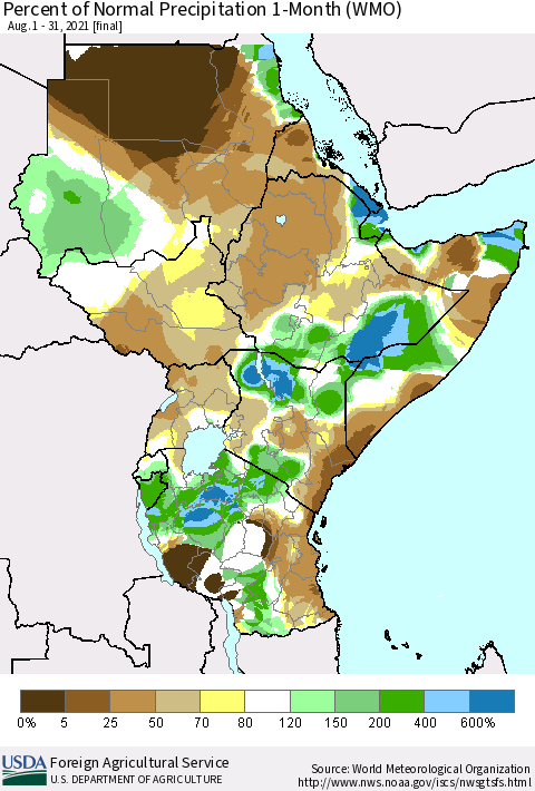 Eastern Africa Percent of Normal Precipitation 1-Month (WMO) Thematic Map For 8/1/2021 - 8/31/2021