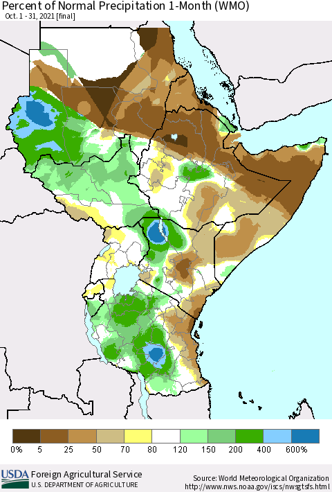 Eastern Africa Percent of Normal Precipitation 1-Month (WMO) Thematic Map For 10/1/2021 - 10/31/2021