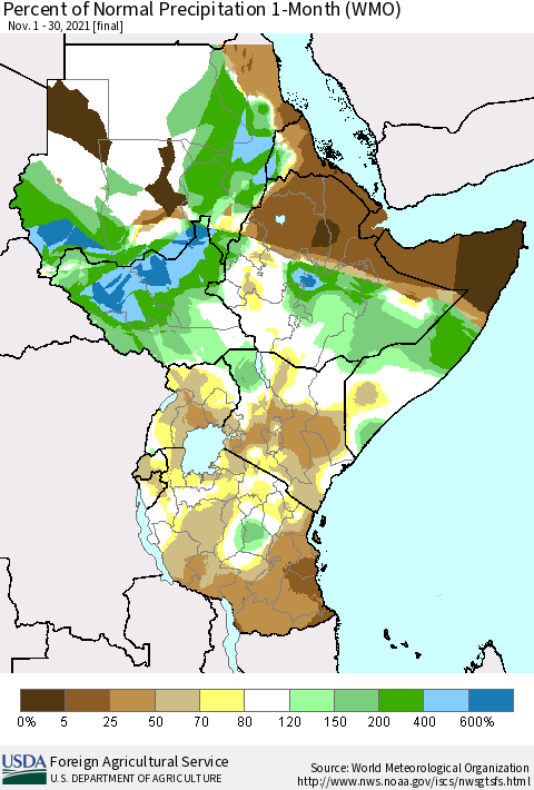 Eastern Africa Percent of Normal Precipitation 1-Month (WMO) Thematic Map For 11/1/2021 - 11/30/2021