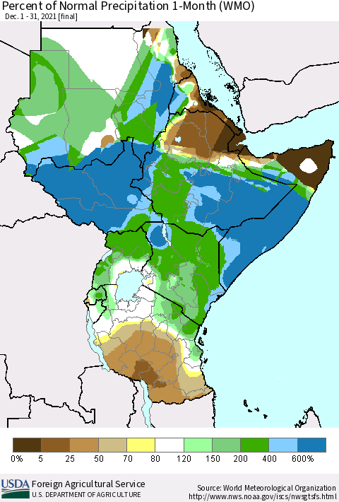 Eastern Africa Percent of Normal Precipitation 1-Month (WMO) Thematic Map For 12/1/2021 - 12/31/2021