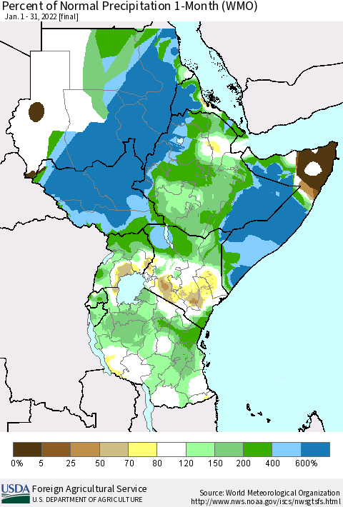 Eastern Africa Percent of Normal Precipitation 1-Month (WMO) Thematic Map For 1/1/2022 - 1/31/2022