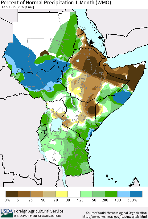 Eastern Africa Percent of Normal Precipitation 1-Month (WMO) Thematic Map For 2/1/2022 - 2/28/2022