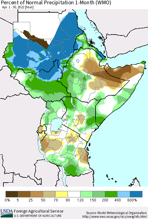 Eastern Africa Percent of Normal Precipitation 1-Month (WMO) Thematic Map For 4/1/2022 - 4/30/2022