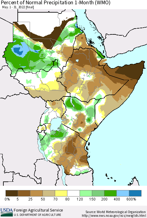 Eastern Africa Percent of Normal Precipitation 1-Month (WMO) Thematic Map For 5/1/2022 - 5/31/2022