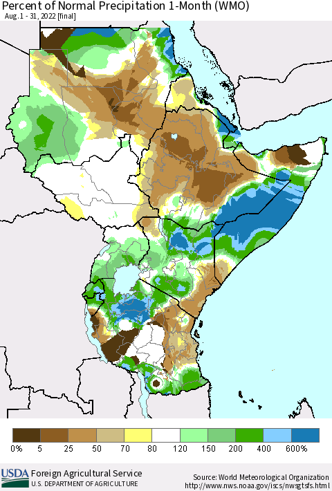Eastern Africa Percent of Normal Precipitation 1-Month (WMO) Thematic Map For 8/1/2022 - 8/31/2022