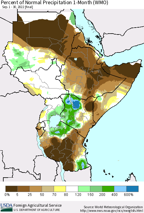 Eastern Africa Percent of Normal Precipitation 1-Month (WMO) Thematic Map For 9/1/2022 - 9/30/2022