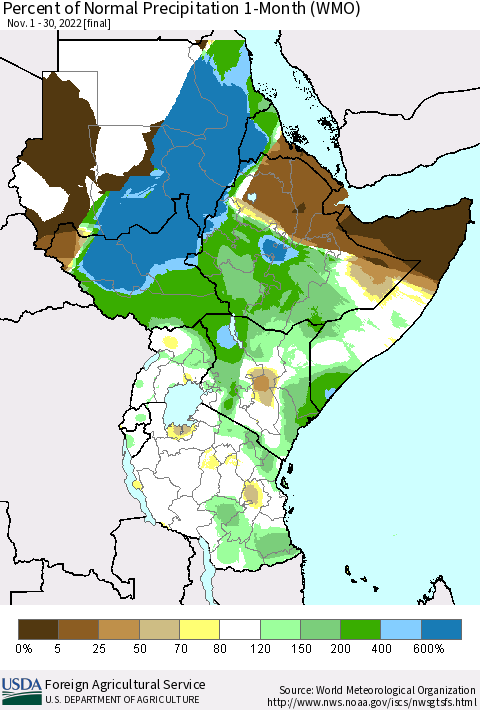 Eastern Africa Percent of Normal Precipitation 1-Month (WMO) Thematic Map For 11/1/2022 - 11/30/2022