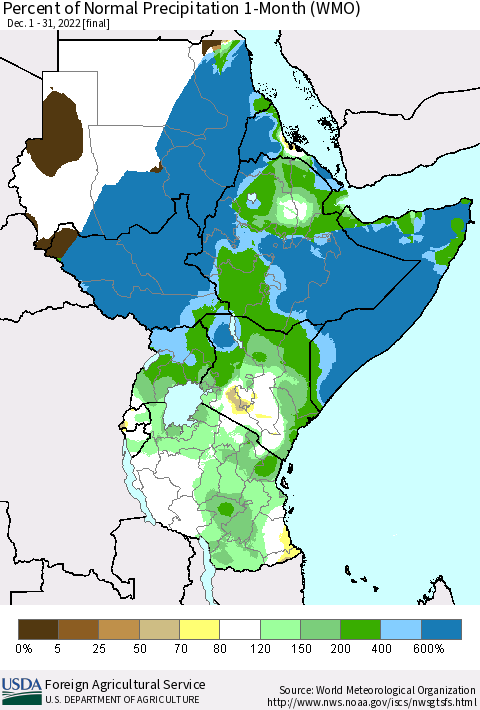 Eastern Africa Percent of Normal Precipitation 1-Month (WMO) Thematic Map For 12/1/2022 - 12/31/2022