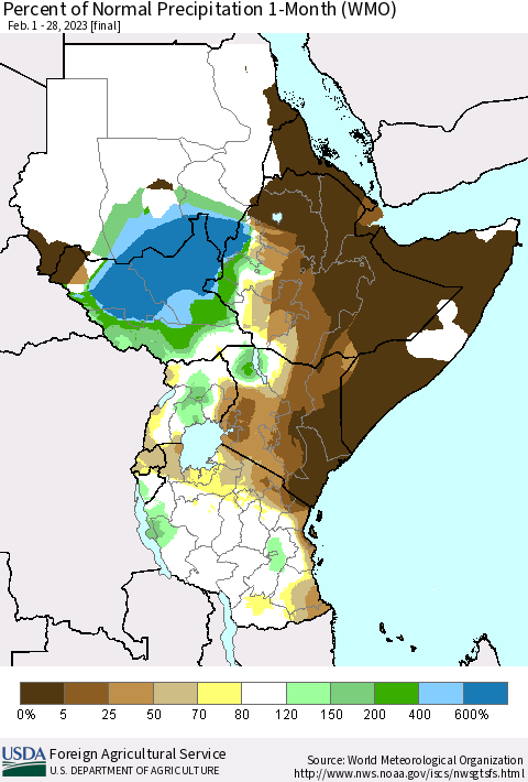 Eastern Africa Percent of Normal Precipitation 1-Month (WMO) Thematic Map For 2/1/2023 - 2/28/2023