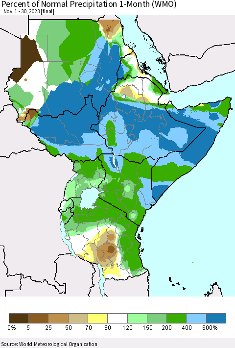 Eastern Africa Percent of Normal Precipitation 1-Month (WMO) Thematic Map For 11/1/2023 - 11/30/2023