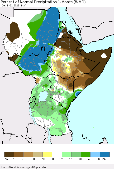 Eastern Africa Percent of Normal Precipitation 1-Month (WMO) Thematic Map For 12/1/2023 - 12/31/2023