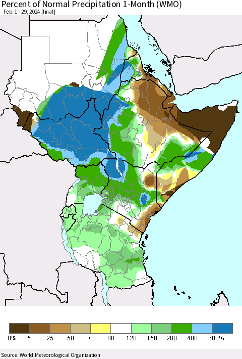 Eastern Africa Percent of Normal Precipitation 1-Month (WMO) Thematic Map For 2/1/2024 - 2/29/2024