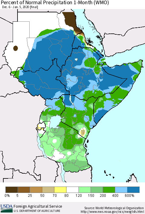 Eastern Africa Percent of Normal Precipitation 1-Month (WMO) Thematic Map For 12/6/2019 - 1/5/2020