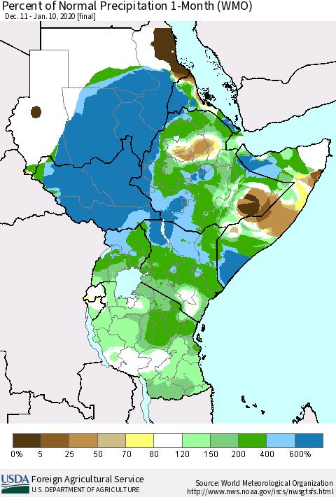 Eastern Africa Percent of Normal Precipitation 1-Month (WMO) Thematic Map For 12/11/2019 - 1/10/2020