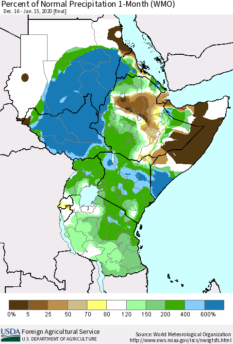 Eastern Africa Percent of Normal Precipitation 1-Month (WMO) Thematic Map For 12/16/2019 - 1/15/2020
