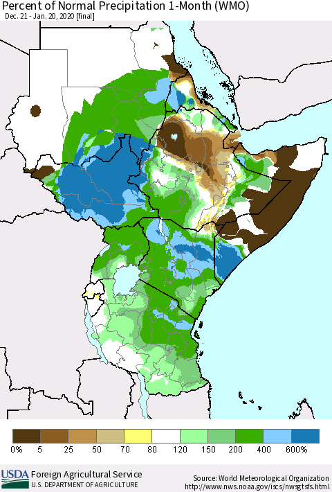 Eastern Africa Percent of Normal Precipitation 1-Month (WMO) Thematic Map For 12/21/2019 - 1/20/2020
