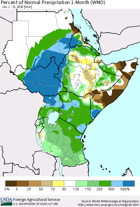 Eastern Africa Percent of Normal Precipitation 1-Month (WMO) Thematic Map For 1/1/2020 - 1/31/2020