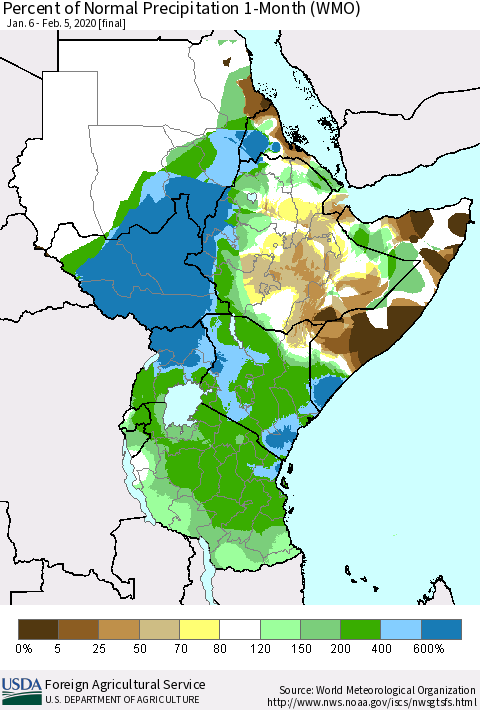 Eastern Africa Percent of Normal Precipitation 1-Month (WMO) Thematic Map For 1/6/2020 - 2/5/2020