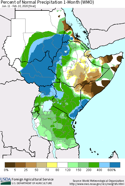 Eastern Africa Percent of Normal Precipitation 1-Month (WMO) Thematic Map For 1/11/2020 - 2/10/2020