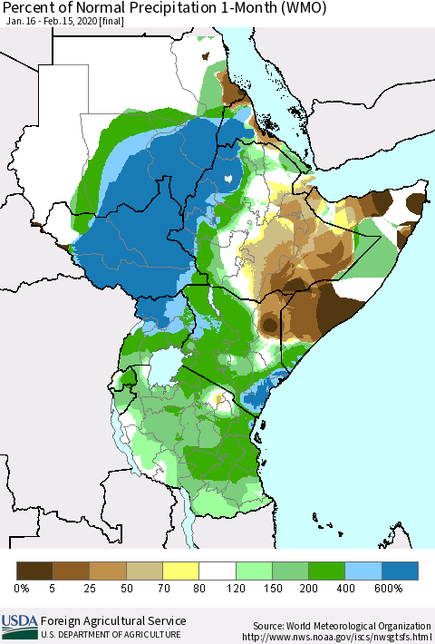 Eastern Africa Percent of Normal Precipitation 1-Month (WMO) Thematic Map For 1/16/2020 - 2/15/2020