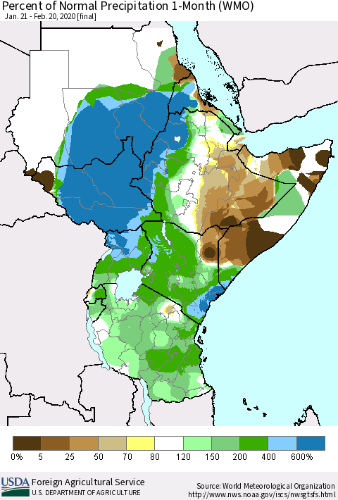 Eastern Africa Percent of Normal Precipitation 1-Month (WMO) Thematic Map For 1/21/2020 - 2/20/2020