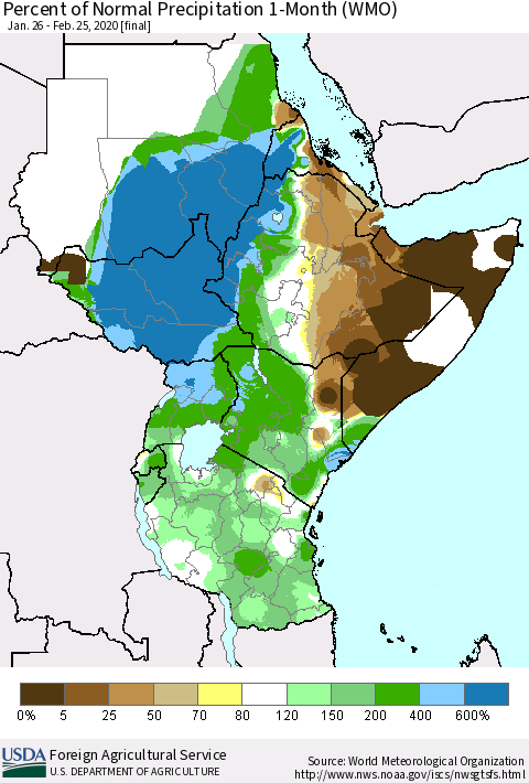 Eastern Africa Percent of Normal Precipitation 1-Month (WMO) Thematic Map For 1/26/2020 - 2/25/2020