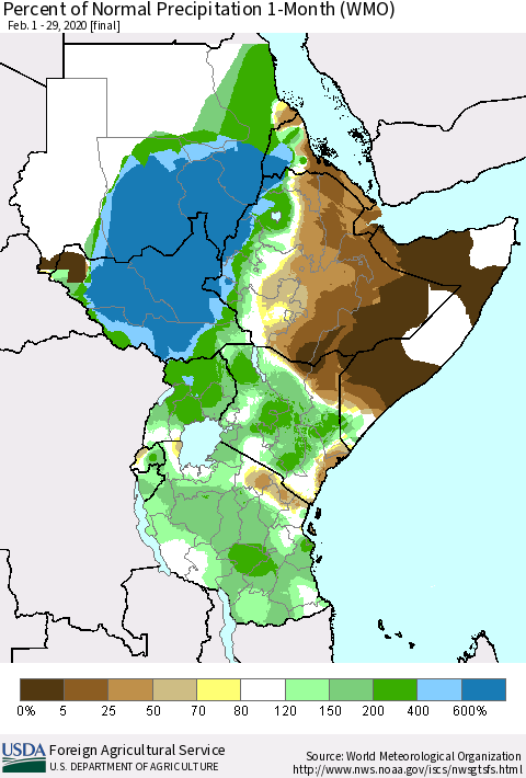 Eastern Africa Percent of Normal Precipitation 1-Month (WMO) Thematic Map For 2/1/2020 - 2/29/2020