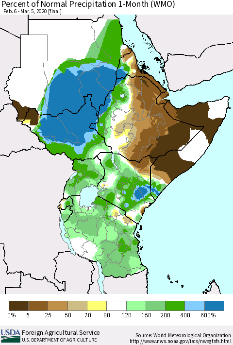 Eastern Africa Percent of Normal Precipitation 1-Month (WMO) Thematic Map For 2/6/2020 - 3/5/2020