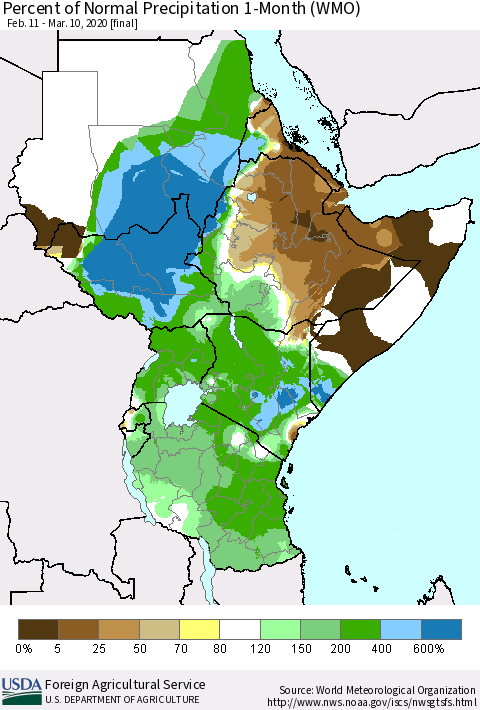 Eastern Africa Percent of Normal Precipitation 1-Month (WMO) Thematic Map For 2/11/2020 - 3/10/2020