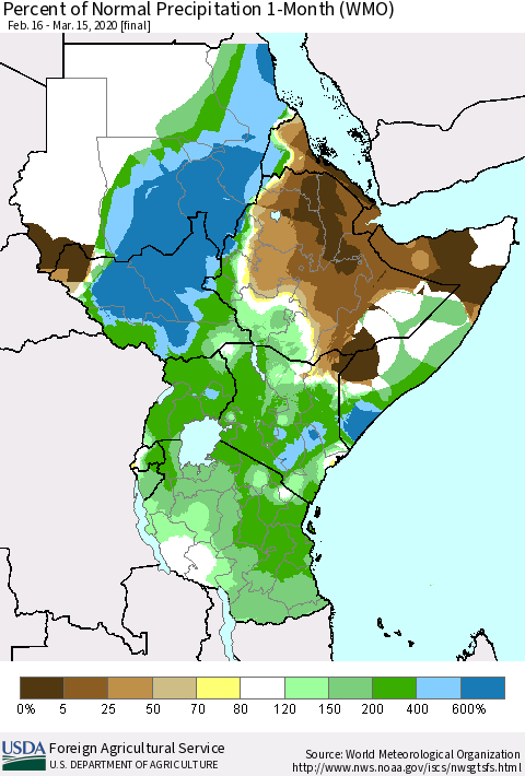 Eastern Africa Percent of Normal Precipitation 1-Month (WMO) Thematic Map For 2/16/2020 - 3/15/2020