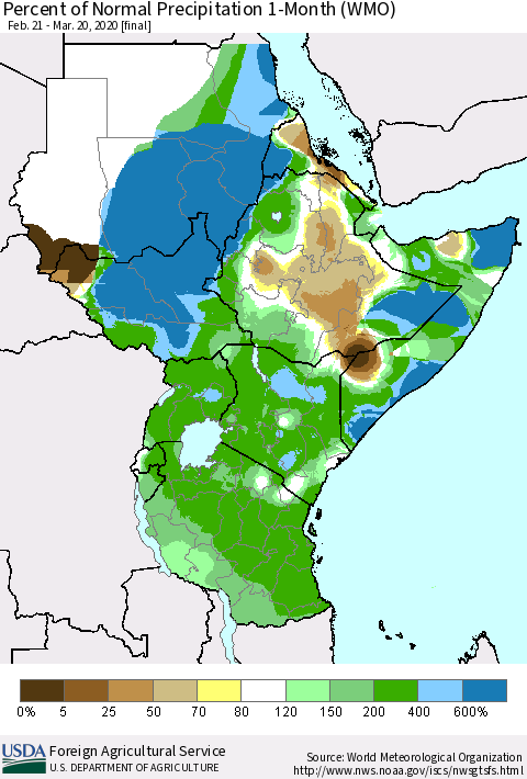 Eastern Africa Percent of Normal Precipitation 1-Month (WMO) Thematic Map For 2/21/2020 - 3/20/2020