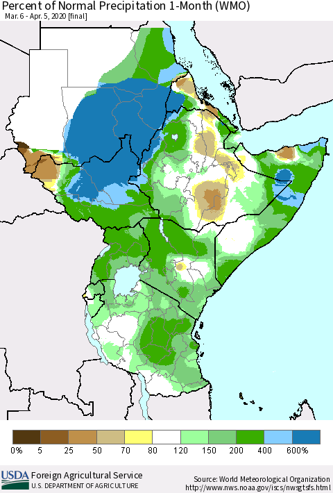 Eastern Africa Percent of Normal Precipitation 1-Month (WMO) Thematic Map For 3/6/2020 - 4/5/2020