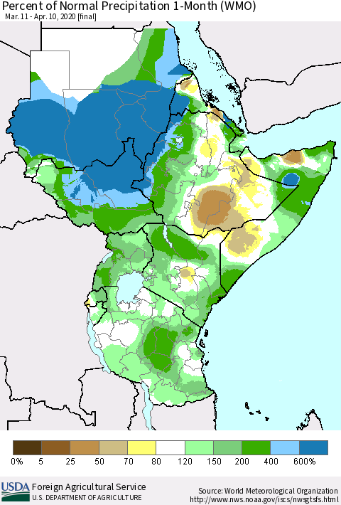 Eastern Africa Percent of Normal Precipitation 1-Month (WMO) Thematic Map For 3/11/2020 - 4/10/2020