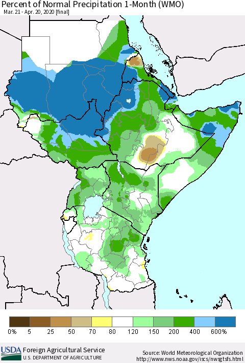 Eastern Africa Percent of Normal Precipitation 1-Month (WMO) Thematic Map For 3/21/2020 - 4/20/2020