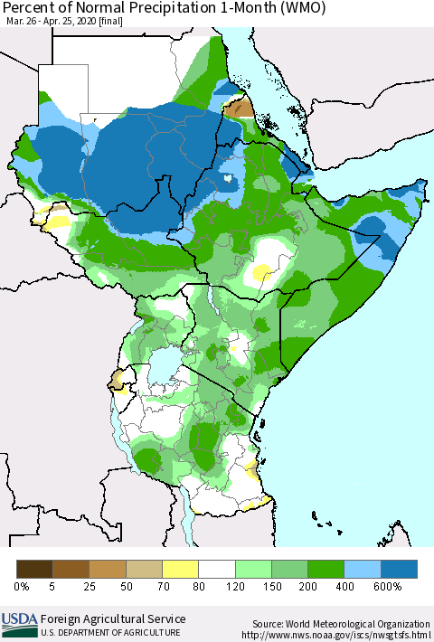 Eastern Africa Percent of Normal Precipitation 1-Month (WMO) Thematic Map For 3/26/2020 - 4/25/2020