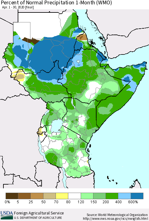 Eastern Africa Percent of Normal Precipitation 1-Month (WMO) Thematic Map For 4/1/2020 - 4/30/2020