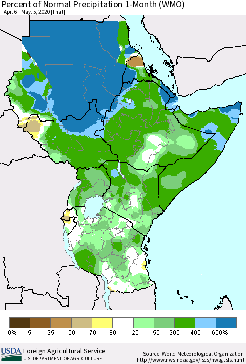 Eastern Africa Percent of Normal Precipitation 1-Month (WMO) Thematic Map For 4/6/2020 - 5/5/2020