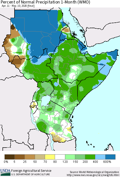 Eastern Africa Percent of Normal Precipitation 1-Month (WMO) Thematic Map For 4/11/2020 - 5/10/2020