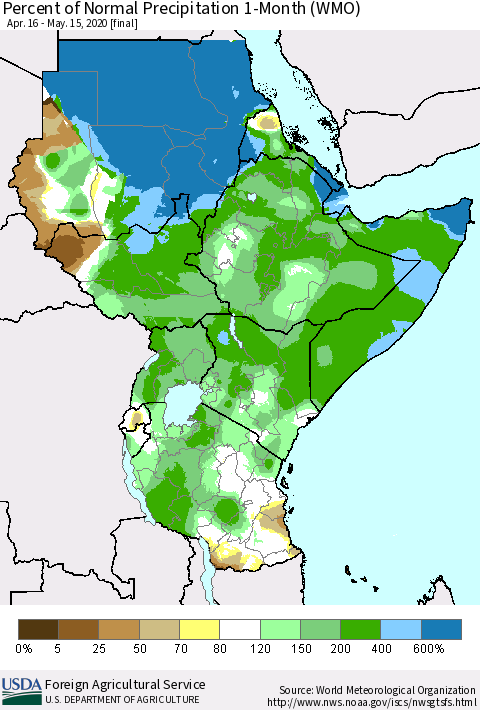 Eastern Africa Percent of Normal Precipitation 1-Month (WMO) Thematic Map For 4/16/2020 - 5/15/2020