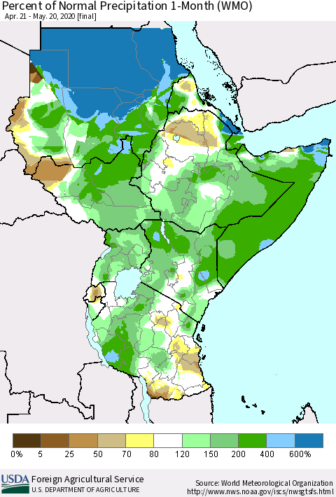 Eastern Africa Percent of Normal Precipitation 1-Month (WMO) Thematic Map For 4/21/2020 - 5/20/2020