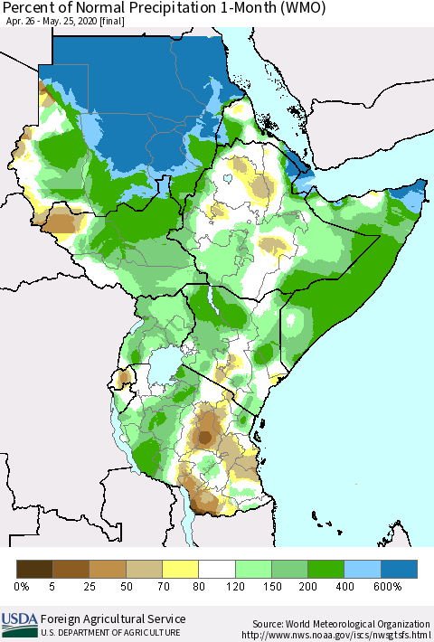 Eastern Africa Percent of Normal Precipitation 1-Month (WMO) Thematic Map For 4/26/2020 - 5/25/2020