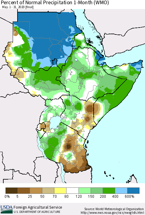 Eastern Africa Percent of Normal Precipitation 1-Month (WMO) Thematic Map For 5/1/2020 - 5/31/2020