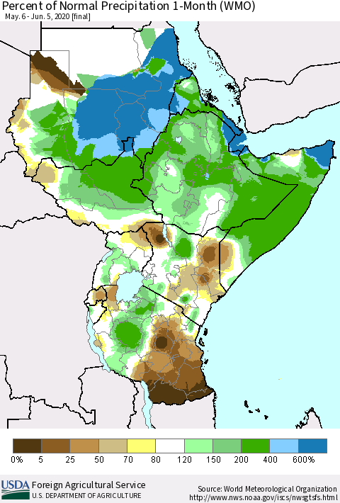 Eastern Africa Percent of Normal Precipitation 1-Month (WMO) Thematic Map For 5/6/2020 - 6/5/2020