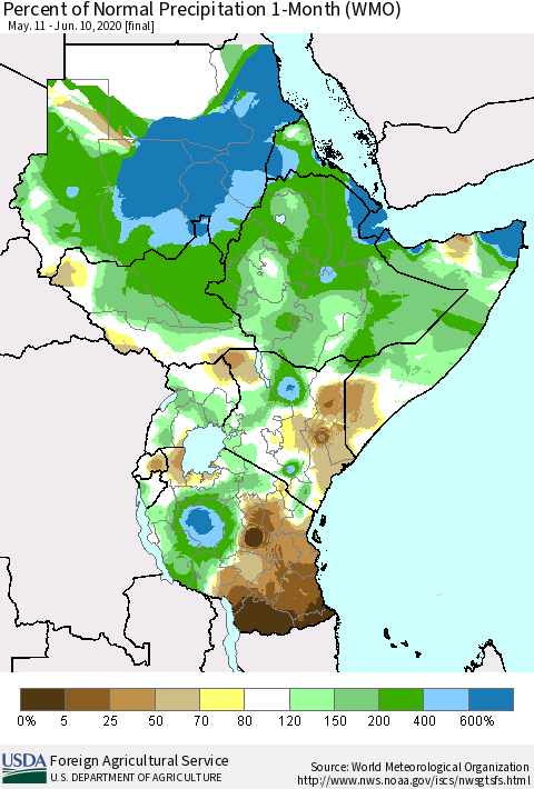 Eastern Africa Percent of Normal Precipitation 1-Month (WMO) Thematic Map For 5/11/2020 - 6/10/2020