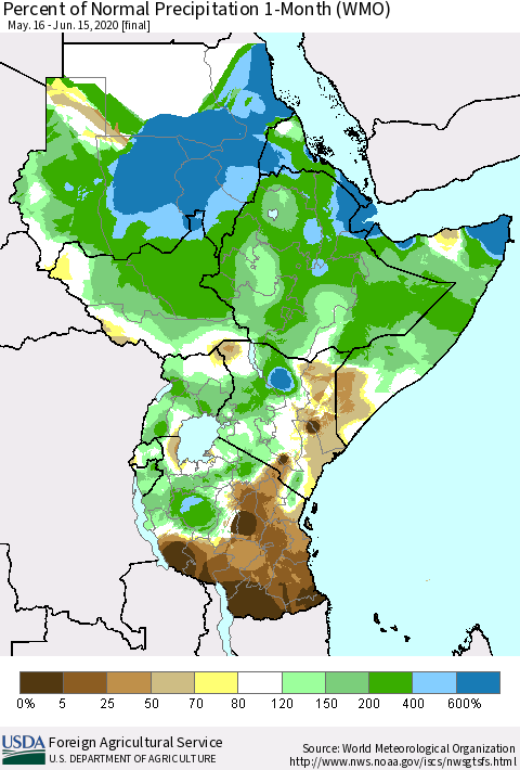 Eastern Africa Percent of Normal Precipitation 1-Month (WMO) Thematic Map For 5/16/2020 - 6/15/2020