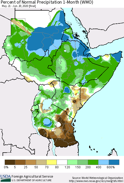 Eastern Africa Percent of Normal Precipitation 1-Month (WMO) Thematic Map For 5/21/2020 - 6/20/2020